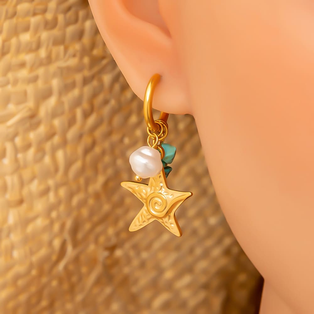 Gold Plated Earring Set – 5-Piece Ocean Style Studs with Pearl & Stone