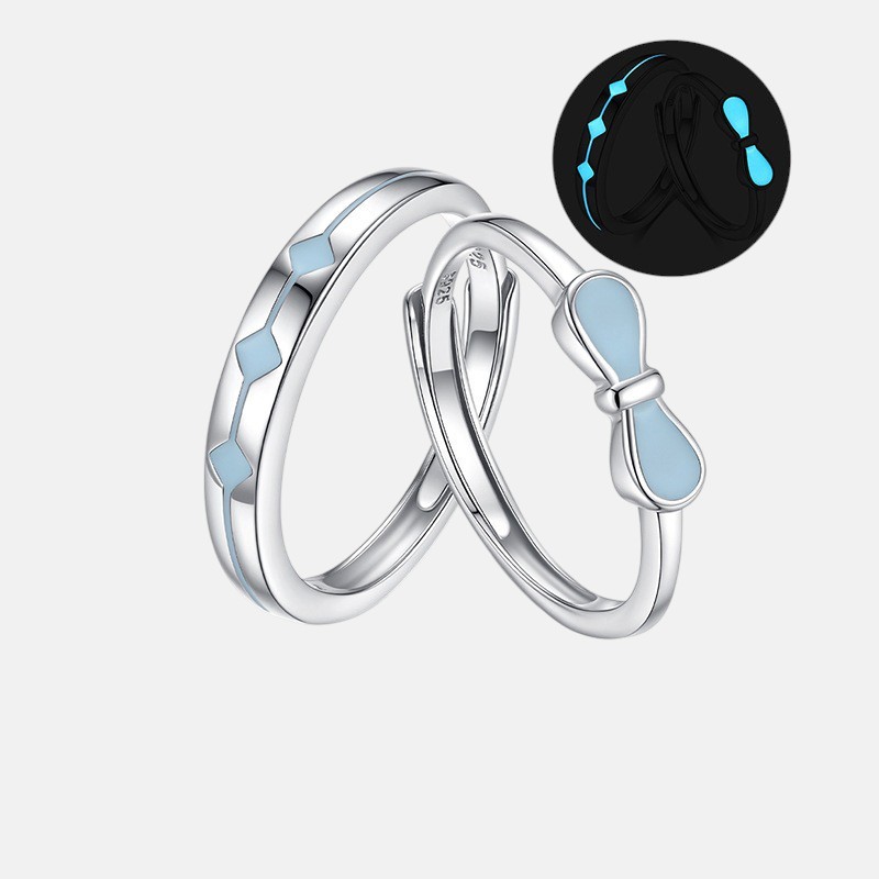 Glow in the Dark Couple Rings – S925 Silver Bow & Diamond Design Set
