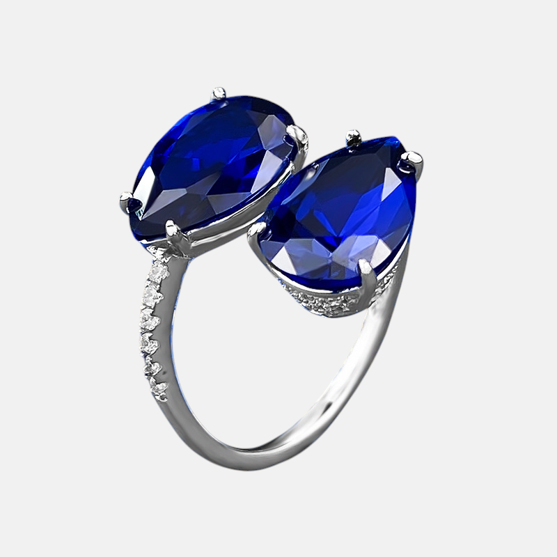Sapphire Ring-S925 Silver Double Pear Blue Sapphire Open Ring