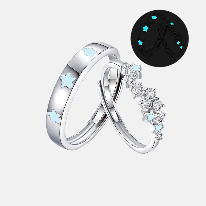 Glow in the Dark Couple Rings – S925 Starry Sky Promise Set