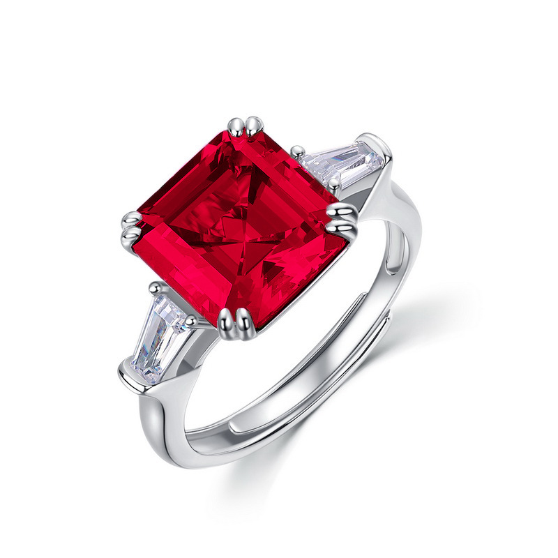 Adjustable Flower Ring – Square Ruby Open Band S925 Silver Ring