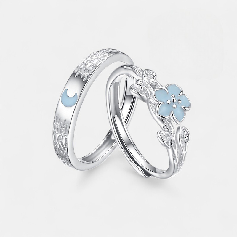 Glow in the Dark Couple Rings – “Moonlit Bloom” Adjustable S925 Silver Set