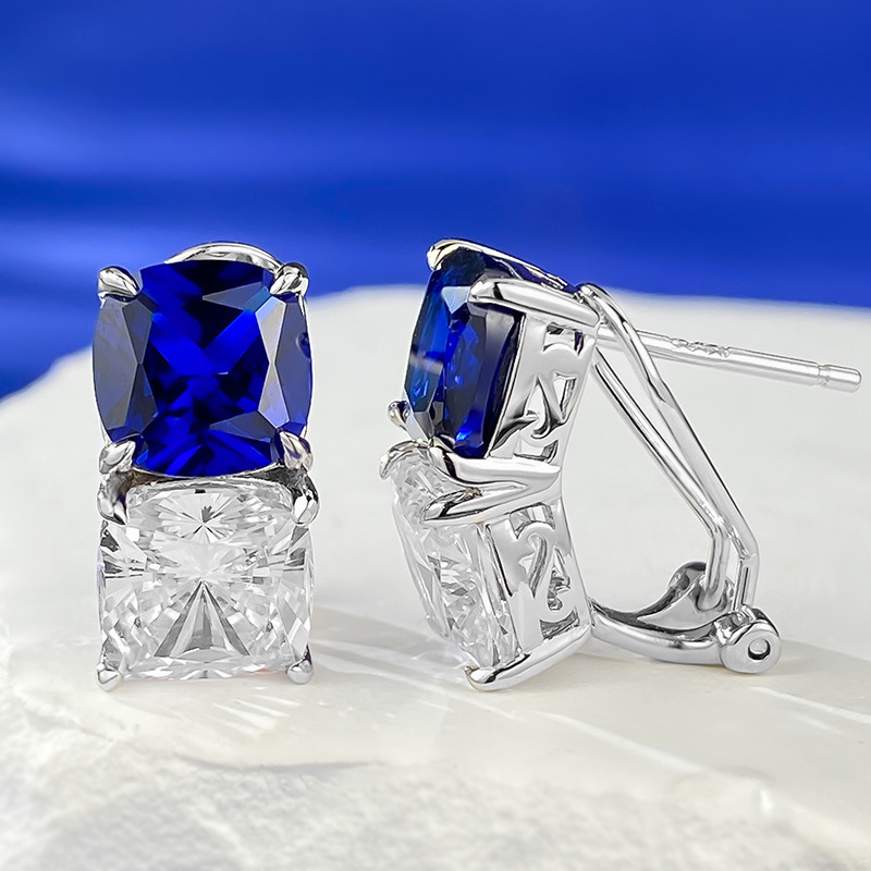 Sapphire Earrings - Blue & White Design in S925 Sterling Silver