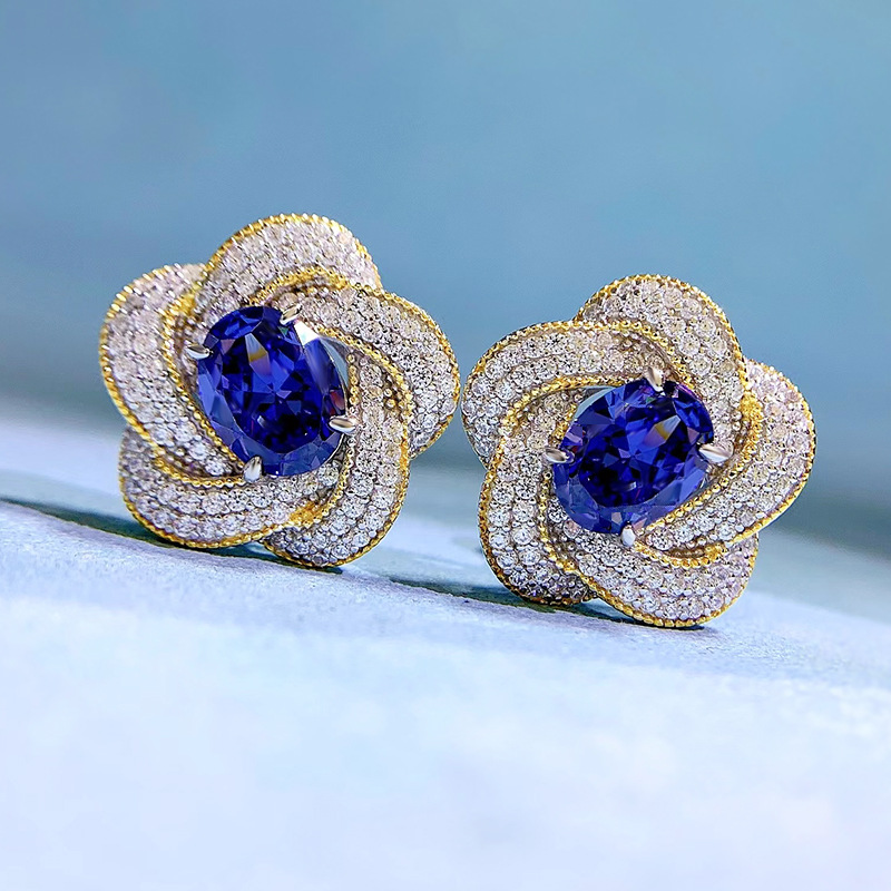 Sapphire Earrings - Floral Design in S925 Sterling Silver