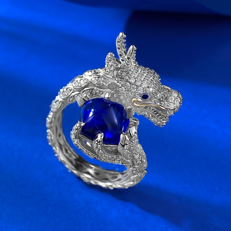 Sapphire Ring - Dragon Design Sugarloaf in S925 Sterling Silver