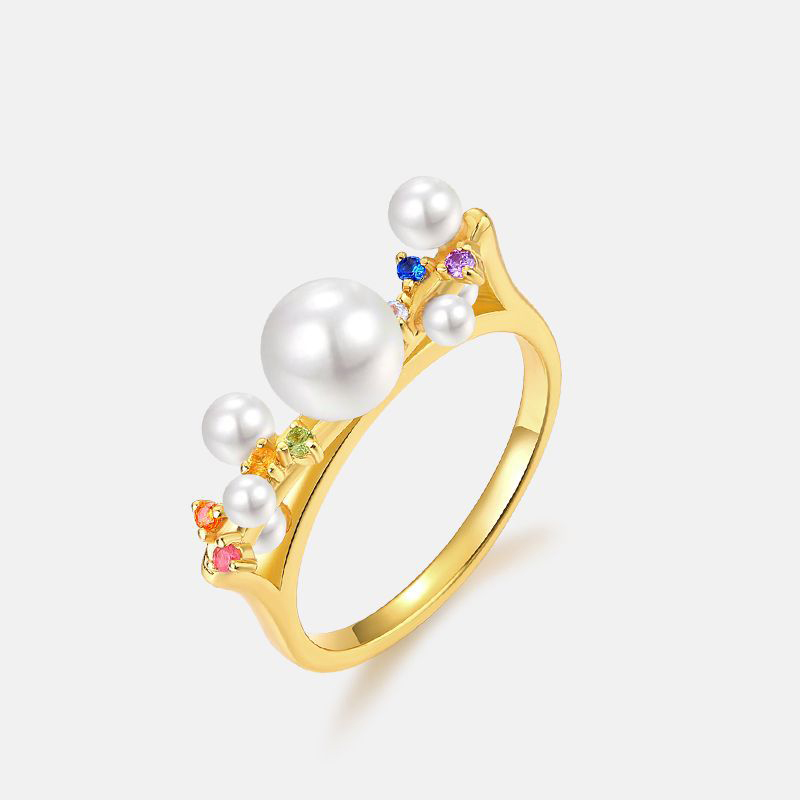 10K Gold Plated S925 Silver Pearl Ring with Multicolor Zircon Stones for Women