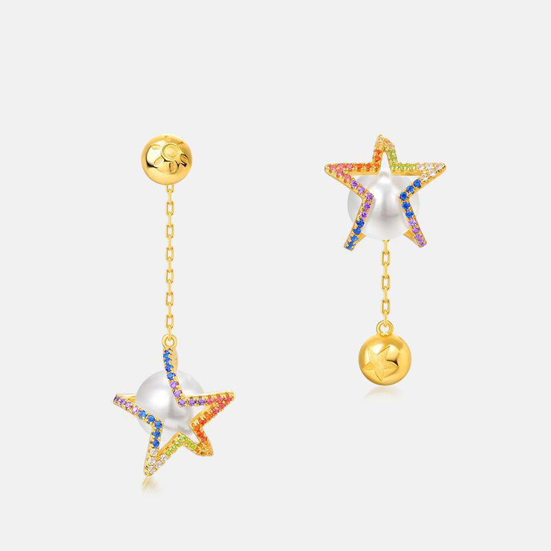 BlingKu S925 Star Pave Zircon & Pearl Drop Earrings | Geometric Dangle Earrings
