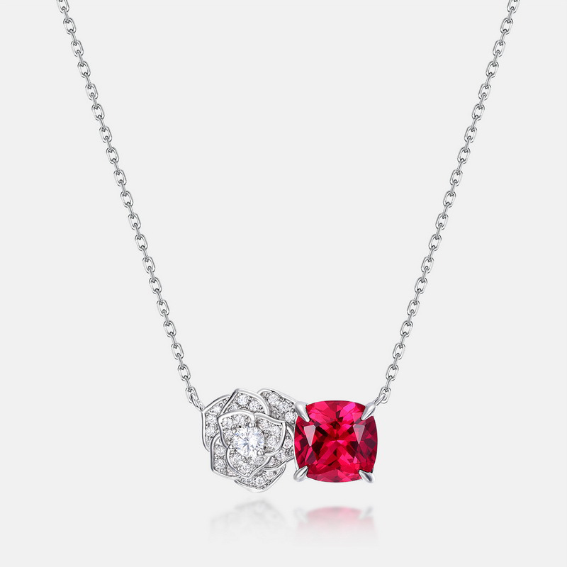 New Rose Flower Cultured Ruby Necklace | S925 Silver with Colorful Gemstones