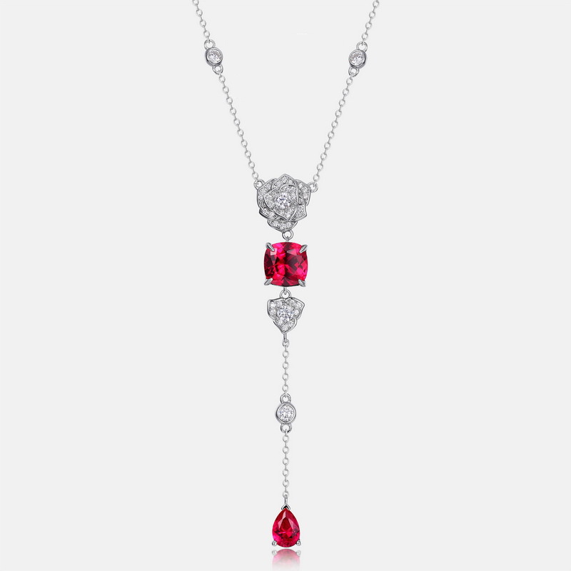 Simulation Rose Flower Cultured Ruby Long Necklace | S925 Silver with Colorful Gemstones