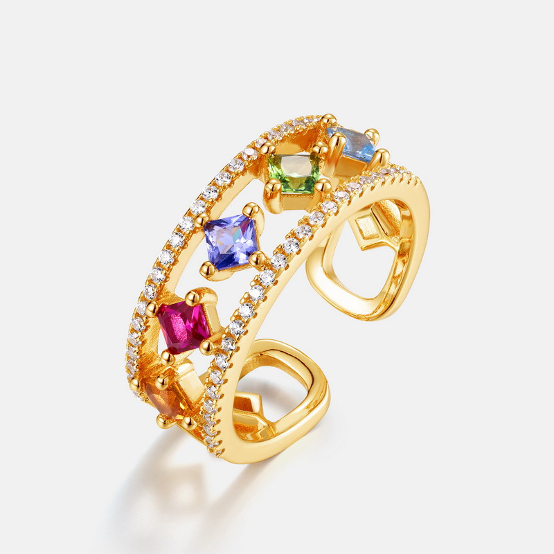 Double-Layer Silver Ring – S925 Open Square Design with Colorful Zircon