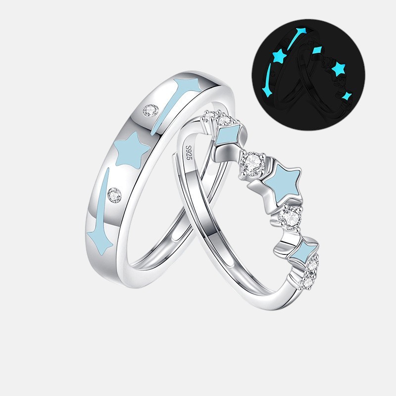 Glow in the Dark Rings – Starlight Whisper Adjustable Couple Set, S925 Silver