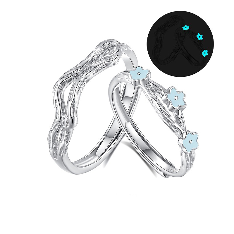Fluorescent couple ring set with wave branch pattern, glowing in dark
