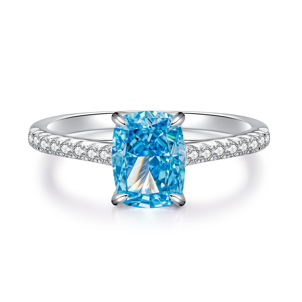 Radiant-Cut Aquamarine Ring with St. Maria Blue Tone & CZ in S925 Silver – March Birthstone