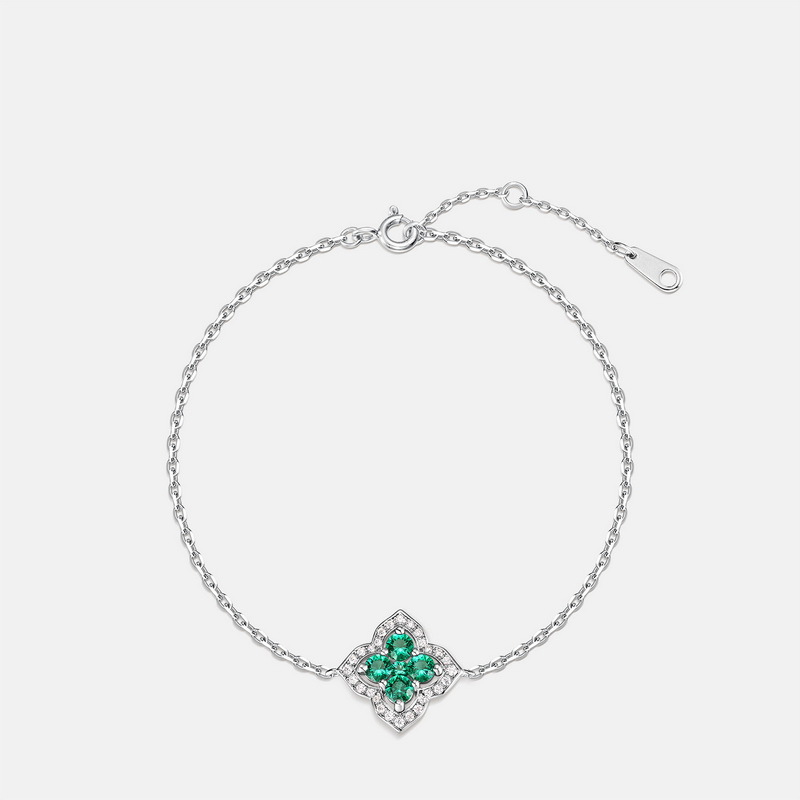 lab-grown emerald four-leaf clover birthstone bracelet S925 silver