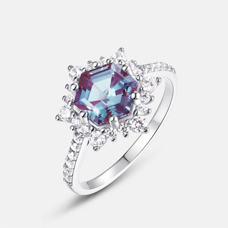 Hexagon Cut Alexandrite Ring | S925 Sterling Silver Color‑Change Gem – June Birthstone