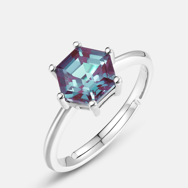 Hexagon Cut Alexandrite Ring | S925 Sterling Silver Color‑Change Gem – Unique Birthstone Design