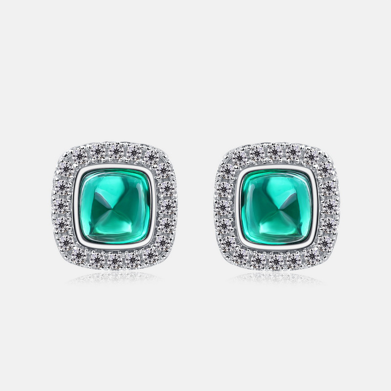 Emerald Cut Emerald Earrings – Square Halo Studs in S925 Silver | BlingKu