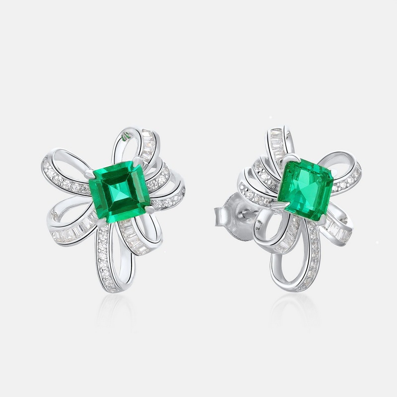 Emerald Ear Studs – Elegant Bow Knot Design in S925 Silver | BlingKu