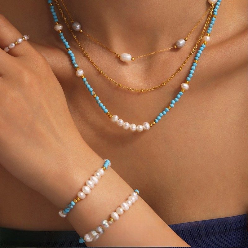 Stacked Necklaces – Turquoise & Freshwater Pearl Natural Gemstone Necklace | Blingku