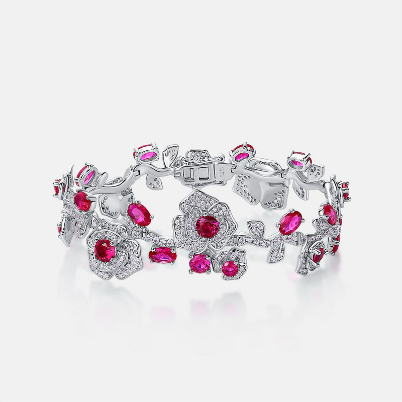 Ruby July Birthstone Bracelet – S925 Silver Rose Design with Lab-Created Ruby