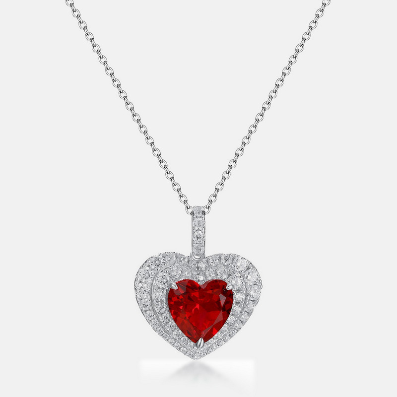 Women’s July Birthstone Necklace – S925 Silver Heart Pendant with Lab-Created Ruby