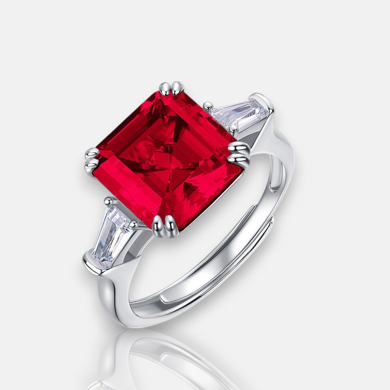 Adjustable Flower Ring – Square Ruby Open Band S925 Silver Ring