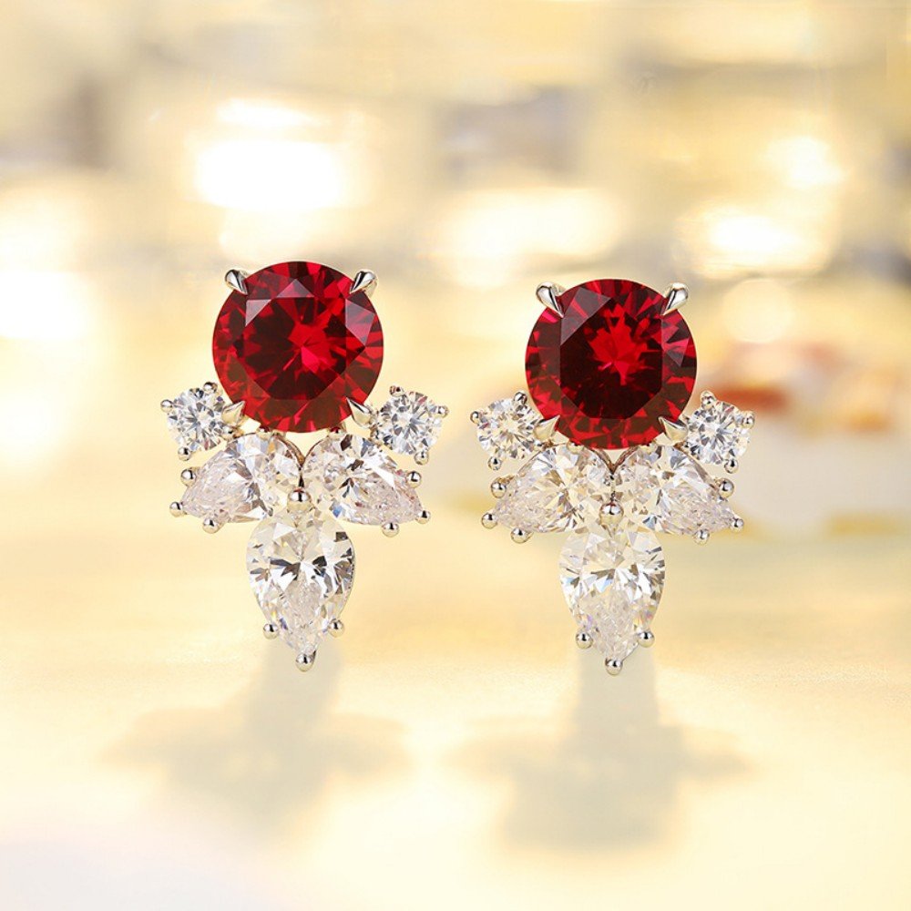 Ruby Earrings – Round Red Corundum Studs in 925 Sterling Silver