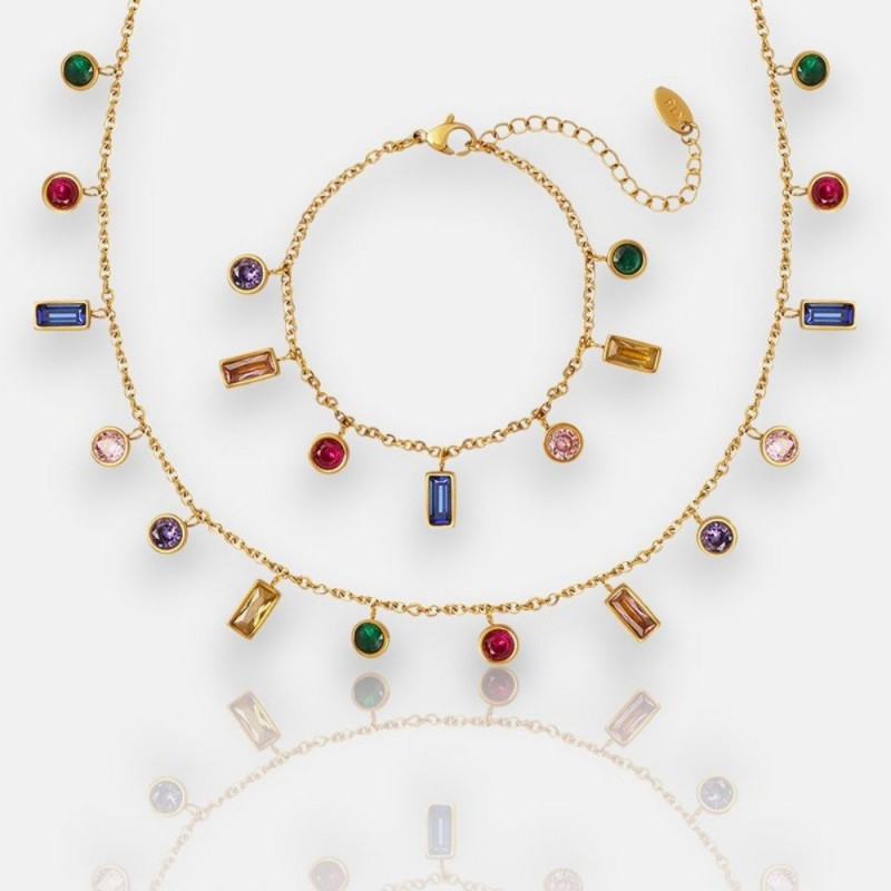 Colorful Cubic Zirconia Jewelry Set – Tassel Necklace & Bracelet