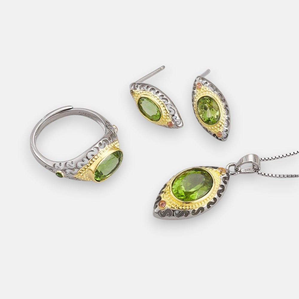 S925 Silver Two-Tone Oval Peridot Earring Set