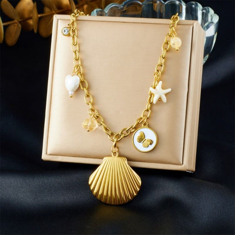 Gold Stainless Steel Necklace – Shell, Butterfly & Starfish Pendant