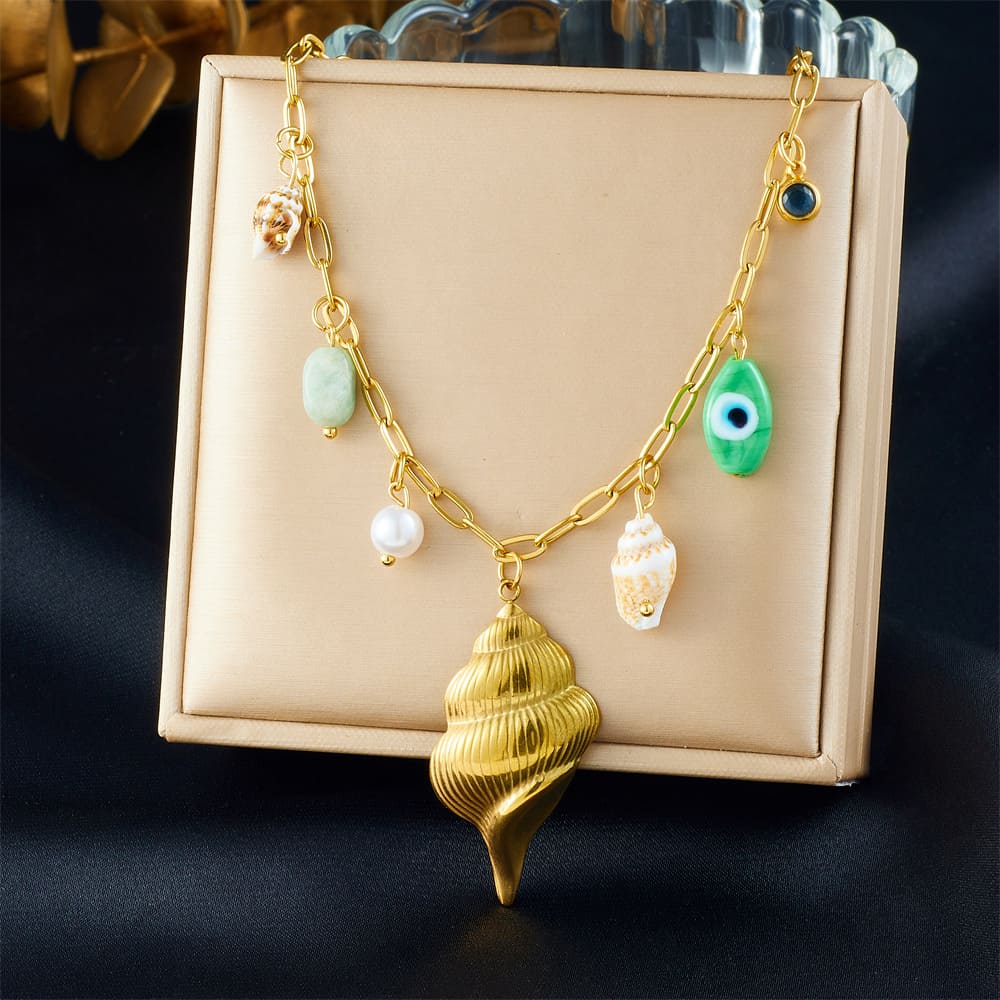 Stackable Gold Necklaces – Green Evil Eye & Shell Pendant
