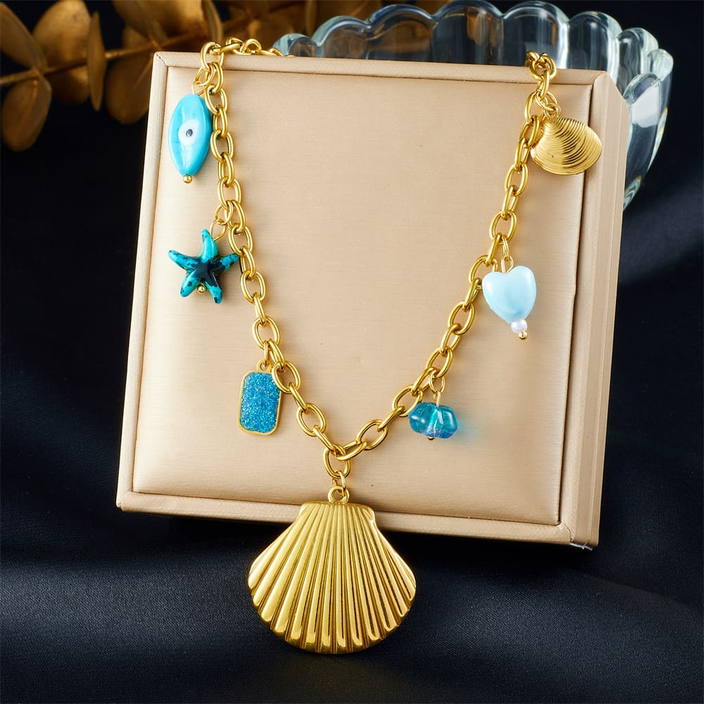 Beach Layering Jewelry – Blue Eye, Shell & Starfish Pendant Necklace