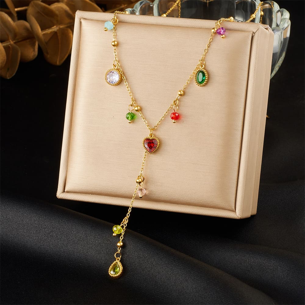Layered Gold Necklaces – Colorful Gem Heart Y-Pendant Design