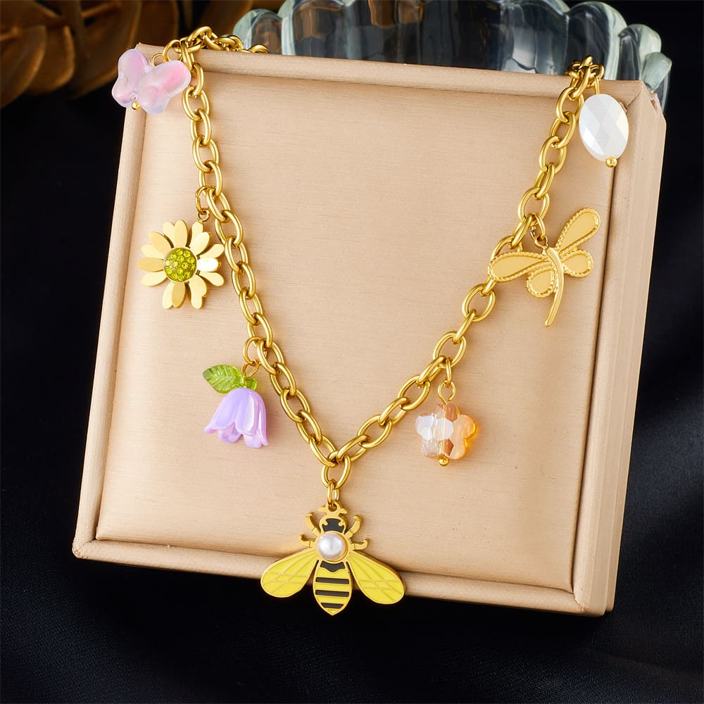 Bee Pendant Necklace – Whimsical Garden Charm with Sunflower & Dragonfly in Gold Stainless Steel