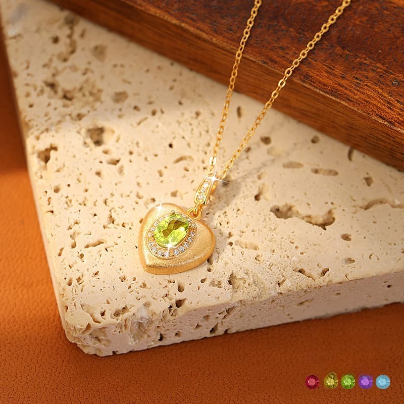Peridot Heart Necklace – Brushed S925 Silver Birthstone Jewelry | Blingku