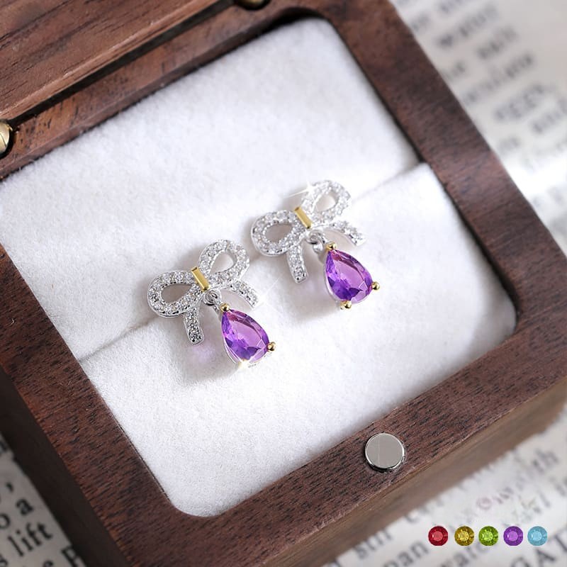 Green Gemstone Bow Earrings – S925 Sterling Silver Peridot Drop Design