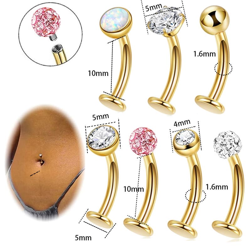 Gold Belly Button Ring with Multiple CZ Gems – Stainless Steel Curved Barbell