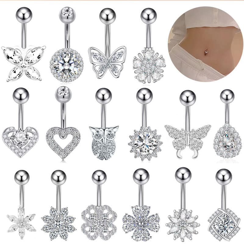 Heart CZ Belly Piercing Ring – Double Gem Curved Barbell 14G