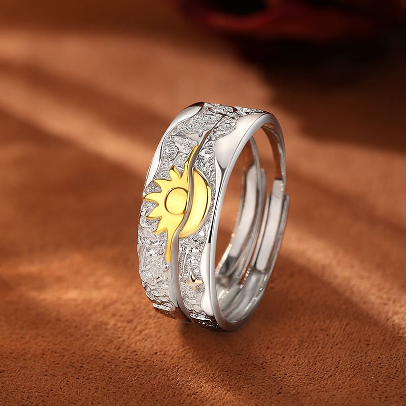 Sun and Moon Matching Rings – 14K Gold Plated Sterling Silver Couple Rings