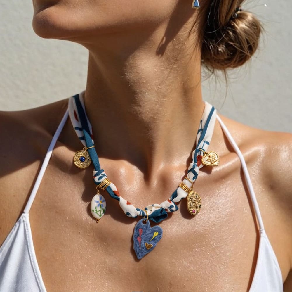 Statement Scarf Necklace – Printed Silk Chain with Heart & Pendant Charms