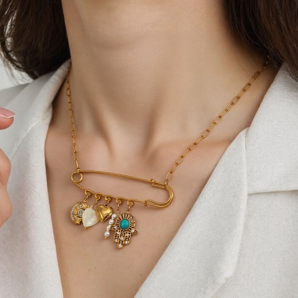 Good Luck Pendant Necklace – Gold Plated Evil Eye, Hand & Pearl Charm