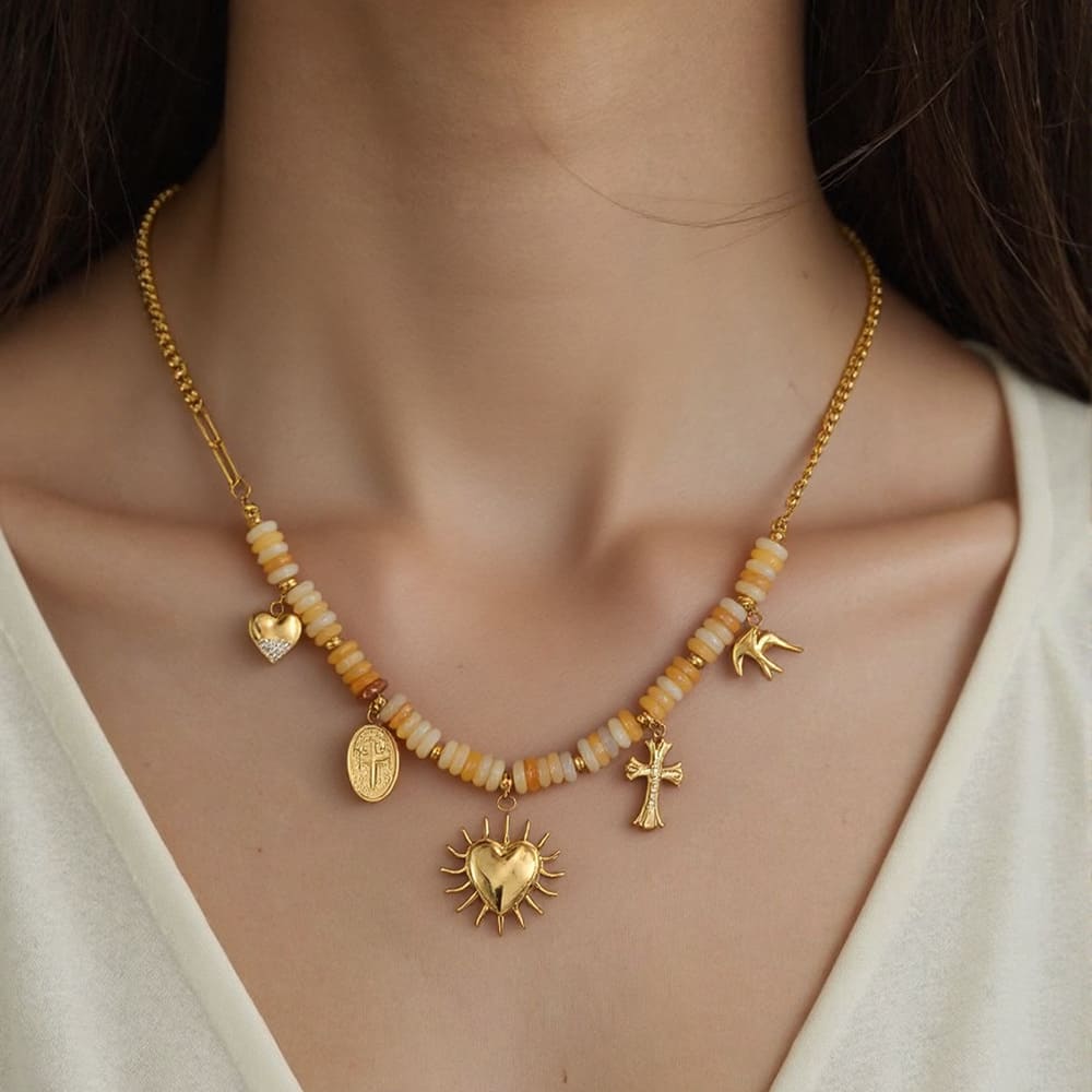 Beaded Chain Necklace – Natural Stone Beads with Heart & Cross Pendant