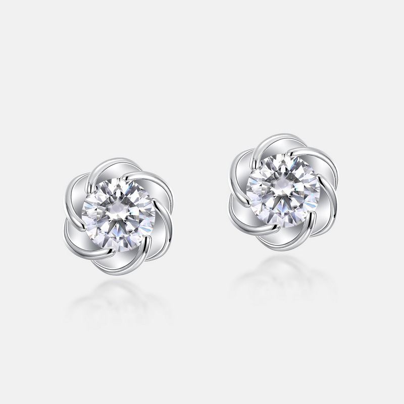 Rose Moissanite Stud Earrings – S925 Silver, 0.89CT Round Stone, Elegant Floral Design