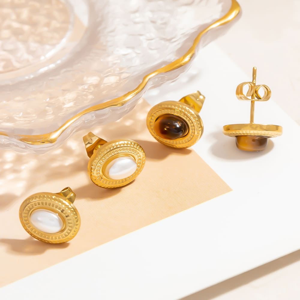 Gold Plated Hoop Earrings – Vintage Cat’s Eye Stone Retro Drop Hoops