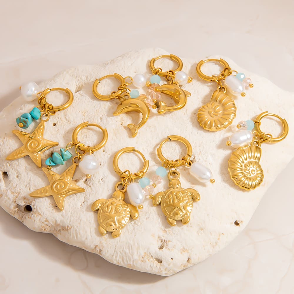 Gold Plated Earring Set – 5-Piece Ocean Style Studs with Pearl & Stone