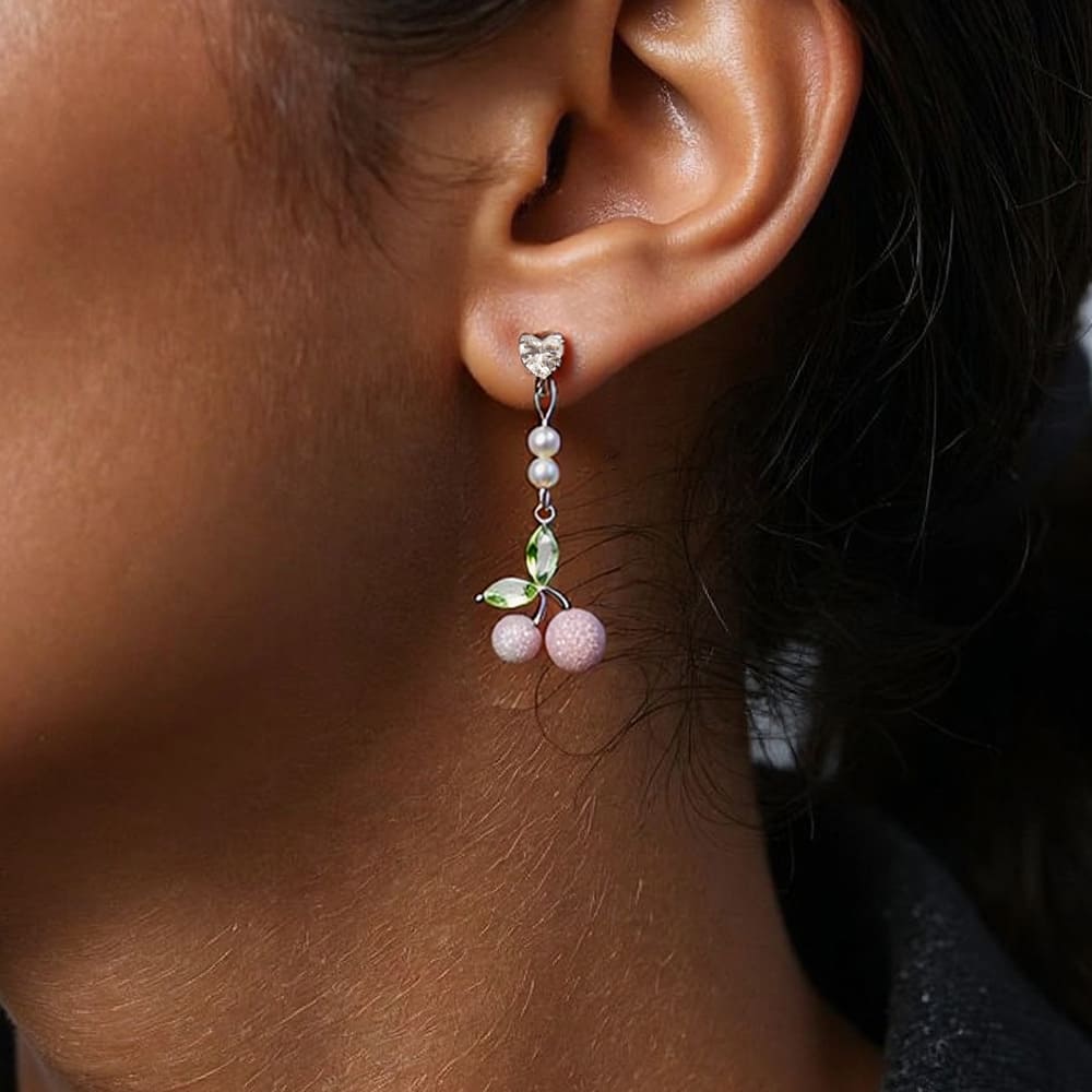 Cherry Earrings – Fresh Fruit-Inspired Pearl Studs with 925 Silver Posts