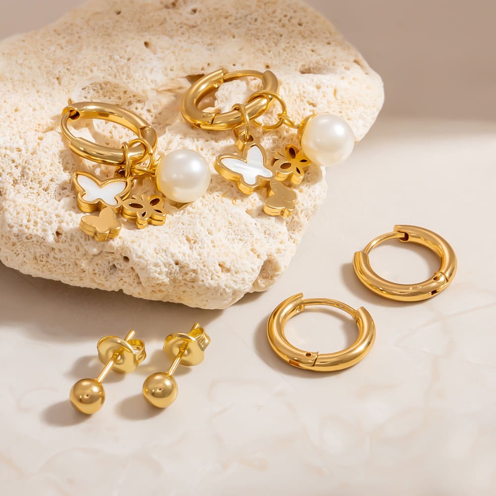 Gold Plated Earring Set – Butterfly, Cross & Pearl Studs with Round Bead & Heart Dangles (3-Piece)