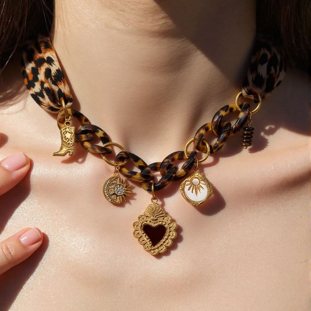 Bridesmaid Jewelry Gift – Leopard Print Heart Pendant Scarf Necklace