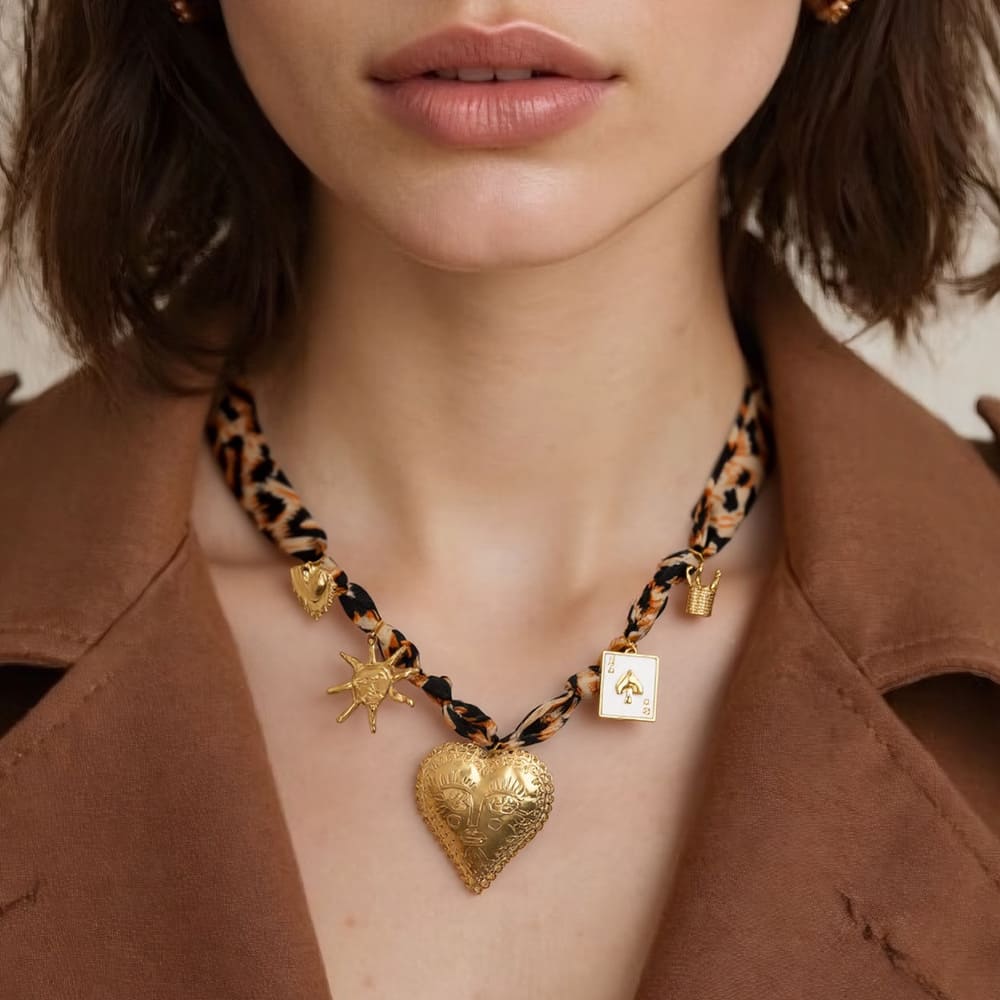 Statement Scarf Necklace – Leopard Print with Heart & Poker Charms