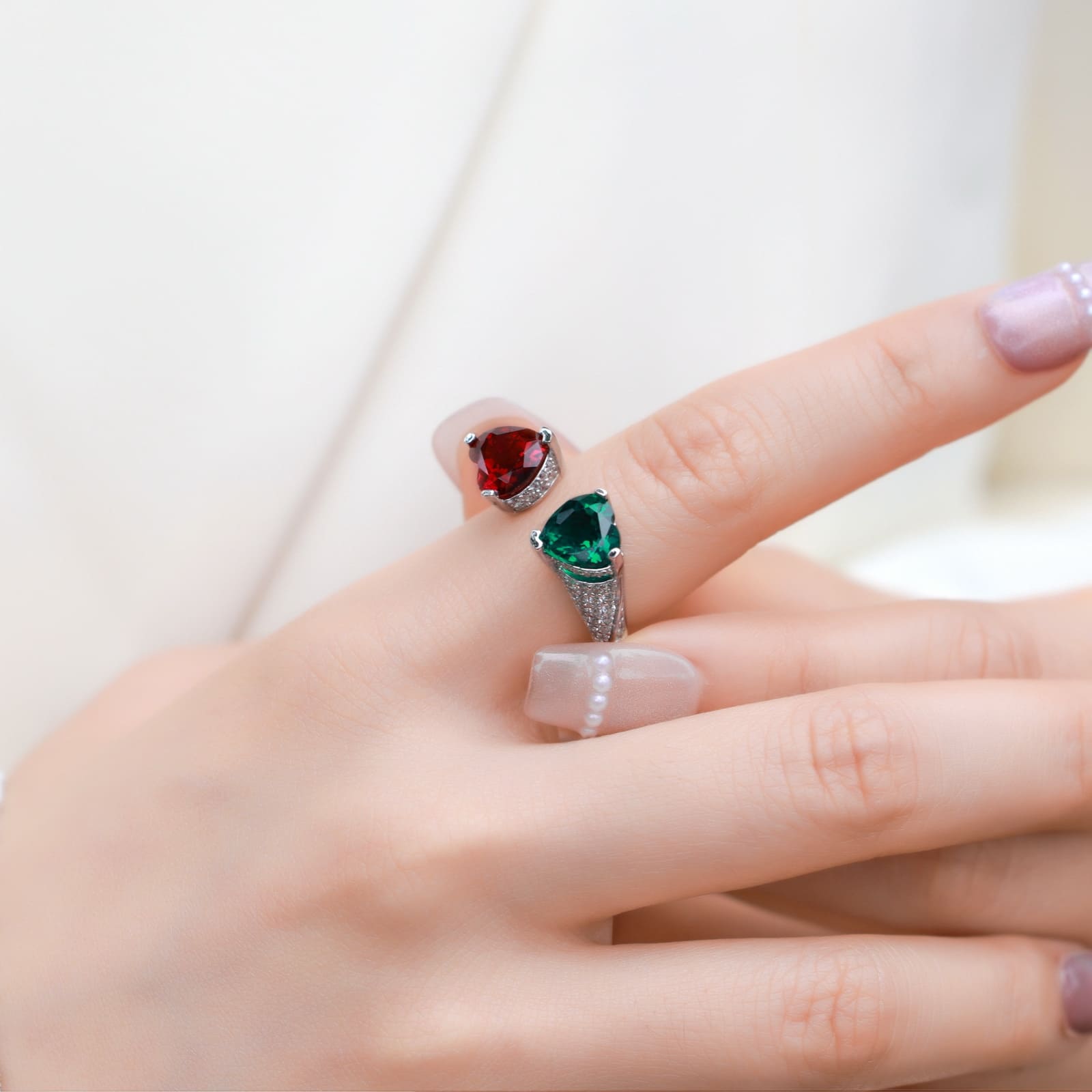 Heart-Shaped Lab Created Gemstone Ring S925 Sterling Silver Open Ruby Accent